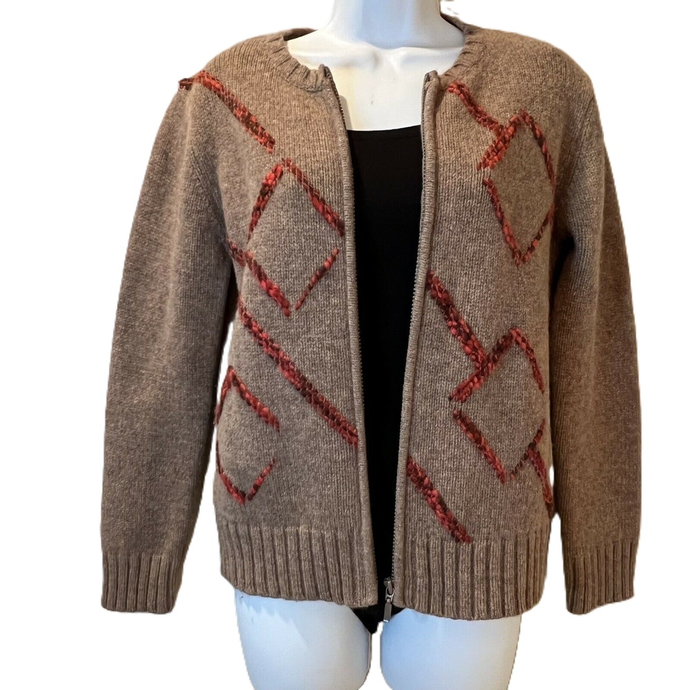Zip Front Cardigan Sweater 100% Lambswool Small‎ Brown Red High quality and WARM